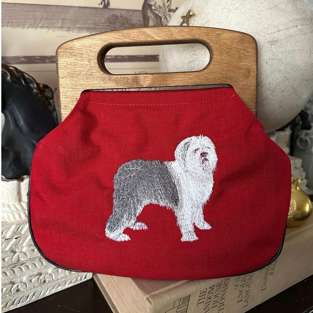 Vintage wool purse Old English Sheepdog red wood handles preppy embroidered